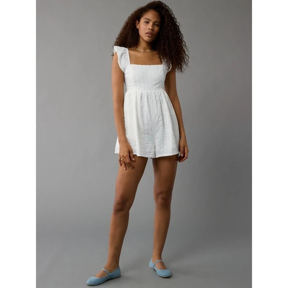 American Eagle Women's Flutter-Sleeve Babydoll Romper White Size Small